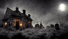 Full Moon Spooky Haunted House Graveyard With Fog Rolling In On Halloween Night. Background Digital Matte Painting