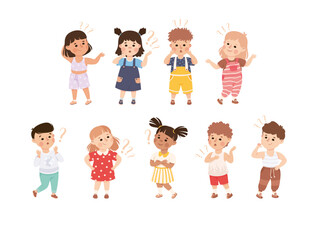 Poster - Puzzled Little Kids with Question Mark Scratching Their Heads Wondering Vector Set