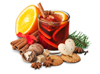 Poster - Glass with Hot red mulled wine for winter and Christmas with orange slice, anise and cinnamon sticks isolated on white background