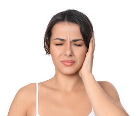 Sticker - Young woman suffering from ear pain on white background