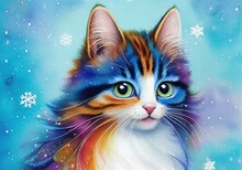 Sweet Colorful Kitten In Falling Snow, Watercolor