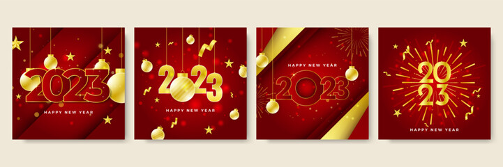 Wall Mural - Happy new year 2023 red gold social media template and greeting card design