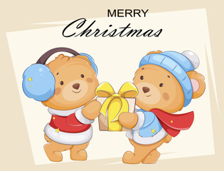 Poster - Two cute bears cartoon characters with gift box