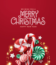Merry christmas greeting text vector design. Christmas candy cane and xmas lights decoration elements for holiday invitation card in red background. Vector Illustration.