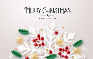 Wall Mural - Merry christmas text vector design. Christmas snowflakes elements for holiday winter greeting card decoration background. Vector Illustration.