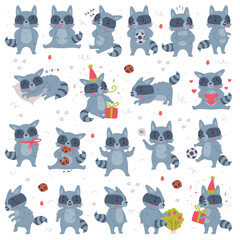 Poster - Funny Raccoon Animal Character with Striped Tail Engaged in Different Activity Vector Set