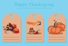 Collection Of Thanksgiving Gift Tags With Lettering, Turkey, Pumpkins, Autumn Leaves, Pilgrim Hat