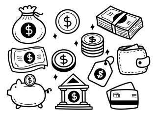 Canvas Print - Set of hand-drawn money vector illustrations isolated on white background. Money doodle collection