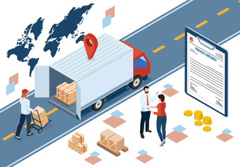 3D isometric Export and Import Business concept with Businessmen handshake and deal business in front of a contract document at industrial container terminal. PNG illustration