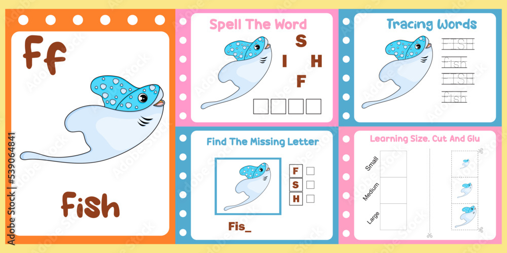 Fish Net Worksheet worksheets pack for kids with fish vector. children's study book Stock ...