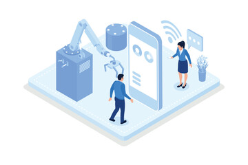 Wall Mural - Smart intelligence technology in industrial factory. Characters wearing virtual reality headsets engineering with augmented reality. Industry 4.0, isometric vector modern illustration