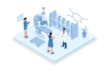 Wall Mural - Medical Laboratory. Research, testing, studies in chemistry, physics, biology. laboratory equipment. Hands of doctor with pipette and test tube, isometric vector modern illustration