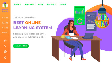 Wall Mural - best online learning system website template. woman studying with laptop. creative idea with trainin