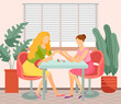 Woman in nail beauty salon. Master with nail file doing manicure. Customer in manicure studio vector illustration. Body care spa, beauty treatment concept. Lady at fingernail service in studio