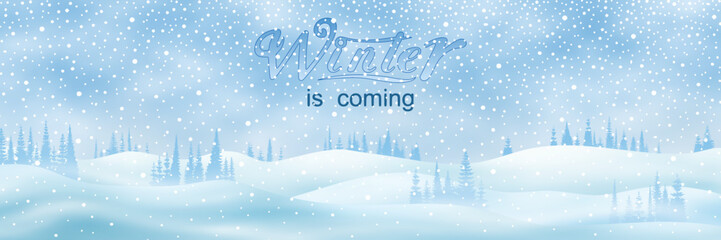 Wall Mural - light winter landscape, snow drifts and trees, it snows, vector illustration, panoramic view