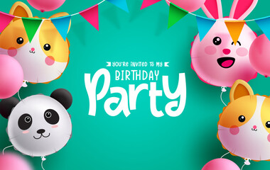 Wall Mural - Birthday party text vector design. Birthday character inflatable balloons with pennants decoration in green empty space background. Vector Illustration.