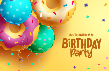 Wall Mural - Birthday donut balloons vector design. Happy birthday greeting text with colorful doughnut balloon floating decoration elements background. Vector Illustration.