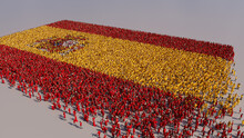 A Crowd Of People Gathering To Form The Flag Of Spain. Spanish Banner On White.