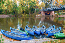 Autumn Landscape, Kayaking And Peisnitz Bridge Across The Saale River In Germany