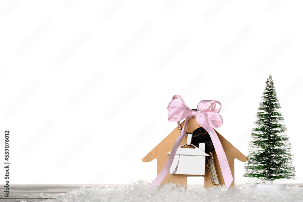House figure with key, bow, fir tree and snow on table against white background
