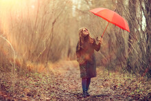 Seasonal Autumn Portrait, Sad Girl With Umbrella, November Seasonal Virus Immunity On A Walk