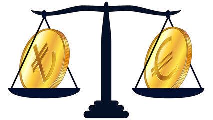 Canvas Print - Gold coin of Turkish Lira TRY and Euro EUR on scales isolated on white background. Laws on digital assets CBDC. Design element.