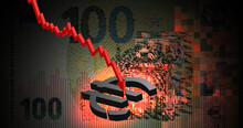 Vector Broken 3d Euro Symbol And Red Downward Graphic Arrow On Turbid Dark Pixel Banknote Background. Financial And Economic Poster, European Union Monetary Collapse And Fall