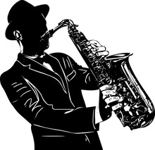 Vector Illustration Of A Man Holding A Saxophone, A Musician Playing A Saxophone Sketch Drawing Silhouette, A Saxophone Clip Art And Symbol