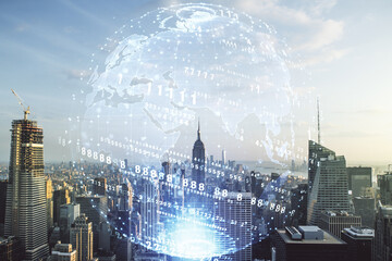 Multi exposure of abstract graphic coding sketch and world map on Manhattan cityscape background, big data and networking concept