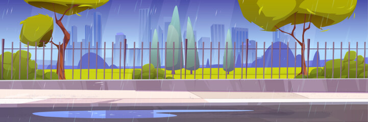 Wall Mural - City street at rain, cityscape at rainy weather, urban skyline with skyscrapers, green wet trees, road with puddles along metal fence under strong shower, downtown district Cartoon vector illustration