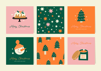 Wall Mural - Christmas greeting cards or tags with lettering and hand drawn design elements. Postcard or invitation template. 