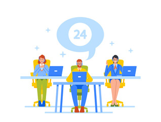 Wall Mural - smiling friendly male and female call center agents or operators with headset working on support hot