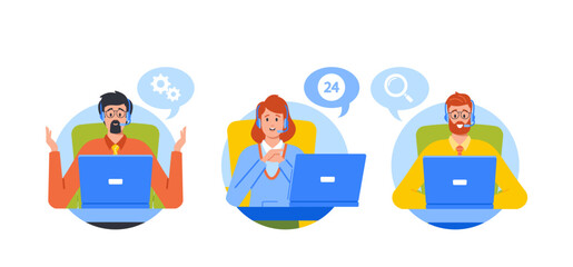Wall Mural - hotline operators help clients online. customer service operators consult people with headsets on co