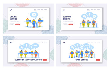 Wall Mural - call center landing page template set. professional technical receptionist characters work on hotlin