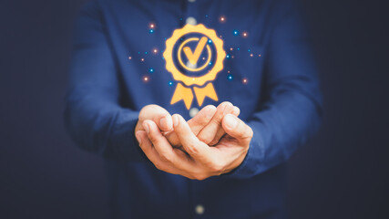 Fototapete - Quality assurance of business services, Businessman holding and showing the best quality assurance with golden five stars. Guarantee, Standards, ISO certification and testimonial concept.