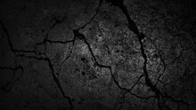 Black White Old Wall Texture. Cracked Rough Concrete Plate. Close-up. Dark Gray Grunge Background For Design. Distressed, Broken, Damaged, Crumbled Surface. Spooky, Creepy, Horror Concept. Halloween.