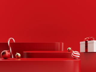 Wall Mural - Christmas greeting card, poster, banner with red gift boxes, presents - 3D, render.  Studio with gold platform, toys. Stand, podium, pedestal for goods, shop windows and magazines.