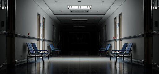 Wall Mural - Long dark hospital corridor with rooms and seats 3D rendering. Empty accident and emergency interior with bright lights lighting the hall from the ceiling