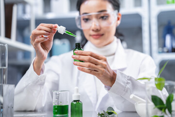 chemistry scientist working on biotechnology cosmetic research with natural herb medicine ingredient in biology science laboratory, organic bio eco beauty extract in botany experiment for dermatology