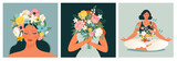 Fototapeta Dinusie - Happy Women's Day March 8! Cute cards and posters for the spring holiday. Vector illustration of a date, women and a bouquet of flowers!