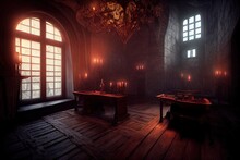 An Atmospheric Setting Was Created In An Old Vampire Castle For Games To Use As A Backdrop. Dracula Castle In Transylvania Of Romania. 3D Illustration And Halloween Theme And Horror Background.