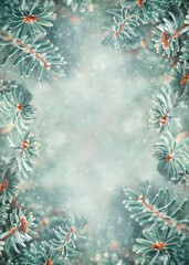 Wall Mural - beautiful blue fir tree branches in snowy forest. christmas and winter concept. soft focus.