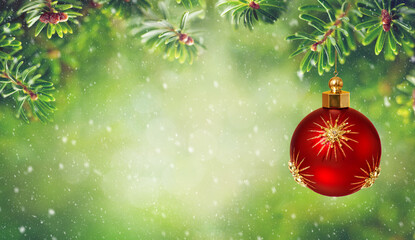 Wall Mural - beautiful green fir tree branches and christmas red ball with gold stars. christmas ornaments and ne