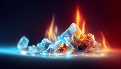 Poster - melt ice crystals burning with red yellow fire. Cold winter frozen ice cubes emit heat and flame. Inspired by song of ice and fire mythology. Fire contained inside ice crystal, inner fire inside glass