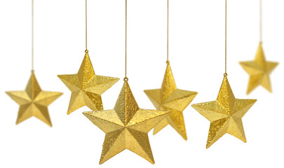 six golden christmas decoration stars hanging isolated