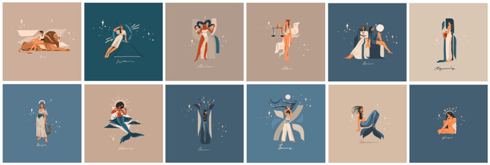 Wall Mural - Hand drawn vector stock abstract graphic illustrations with zodiac astrological contemporary signs symbols collection set,beauty magic female characters,clipart boho design,feminine astrology concept.
