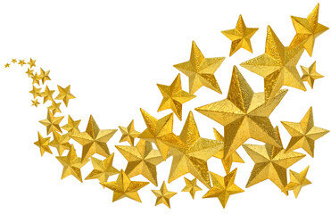Wall Mural - group of many golden christmas decoration stars flow flying isolated