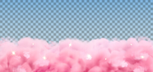 Pink clouds background. Vector realistic dreamy sky with stars. Above the clouds in sunny heaven, web banner template of dawn or dusk