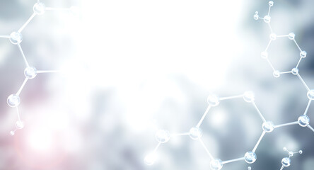 Wall Mural - horizontal banner with model of abstract molecular structure. background of blue color with atom and