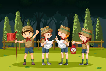 Wall Mural - Scout kids hiking in the forest